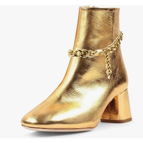 XYD Gold Wrinkle Leather Block Heel Chain Strap Square Toe Side Zip Ankle Boots - Picture 1 of 7